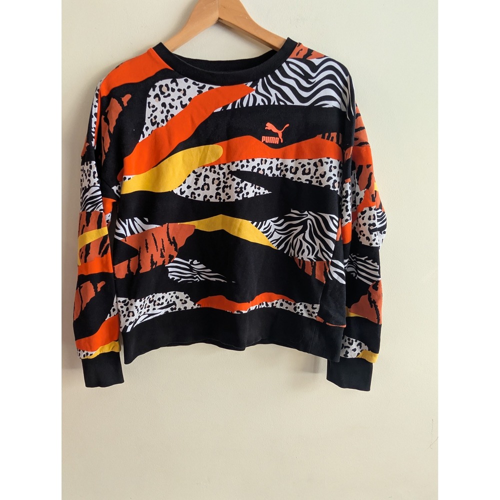 Puma Womens Crewneck Sweatshirt Wild Animal Print Orange Black Zebra Leopard